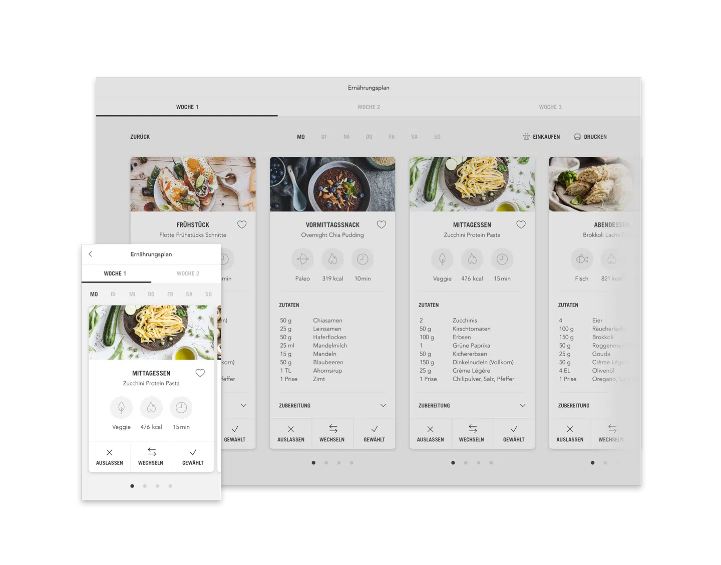 Körperschmiede Ernährungsplan Plan mit Mahlzeiten (Desktop responsive Ansicht Beispiel Tag)